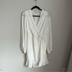 Petal and Pup White Long Sleeve Wrap Dress with Cinched Waist and Ruffled Edge
